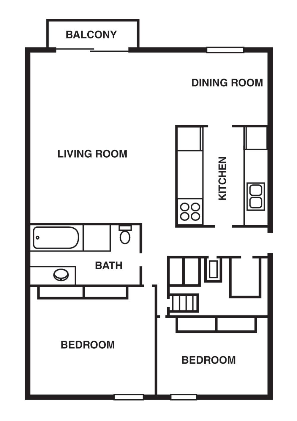 Floor plan for 2 beds, 1 bath, 980 sqft